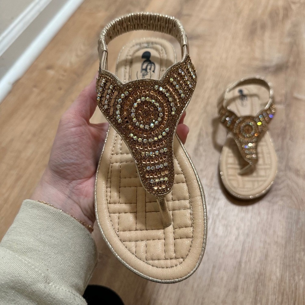 JOYFOLIE | Sparkling‎ Gold Embellished Thong Rhinestone Elastic Strap Sandals, 7